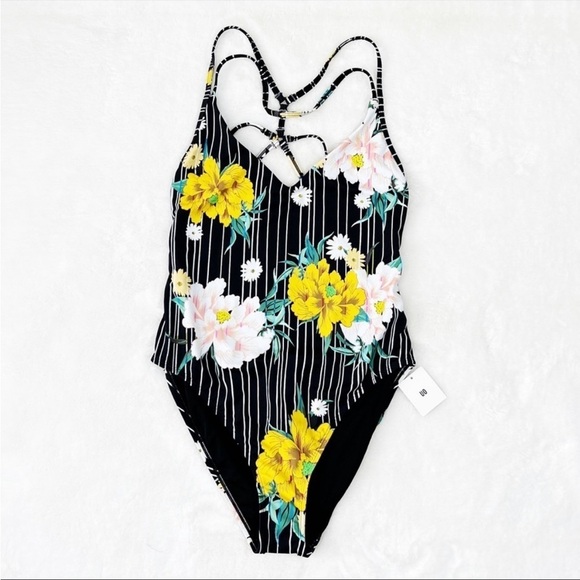 NWT Urban Outfitters Out From Under Floral Striped Strappy One Piece Swimsuit - Picture 3 of 7